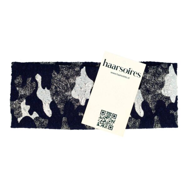 haarband camouflage zilver donkerblauw_2 Haarband Stof 7cm - Camouflage Patroon - Zilver Donkerblauw