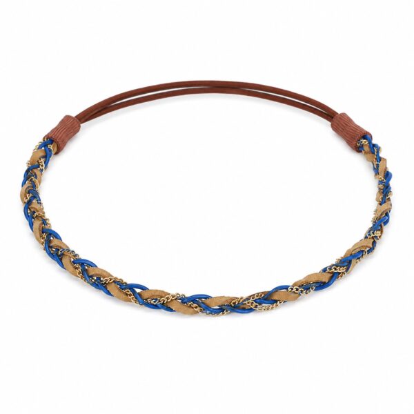 haarband-gevlochten-ketting-goud-blauw-bruin Haarband Gevlochten 1cm - Veter Ketting - Blauw Goud Bruin