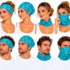 haarband-multifunctioneel-geometrische-print-blauw-groen-op-model-van-Haarsoires Haarband Multifunctioneel 45x25cm - Blok Patroon - Blauw Groen