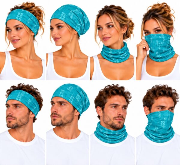 haarband-multifunctioneel-geometrische-print-blauw-groen-op-model-van-Haarsoires Haarband Multifunctioneel 45x25cm - Blok Patroon - Blauw Groen