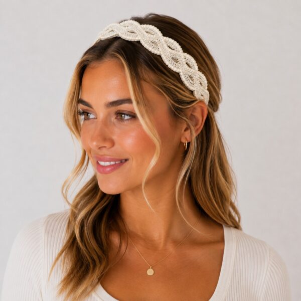 Haarband Gevlochten 3cm - Sierband Kant - Zilverdraad - Crème