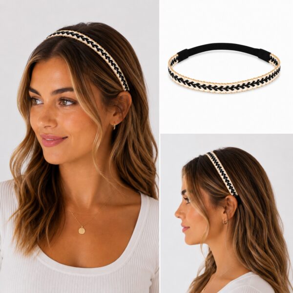 haarband-sierband-ketting-zwart-goud-creme-model Haarband Sierband 2cm - Gevlochten Ketting - Zwart Wit Goud