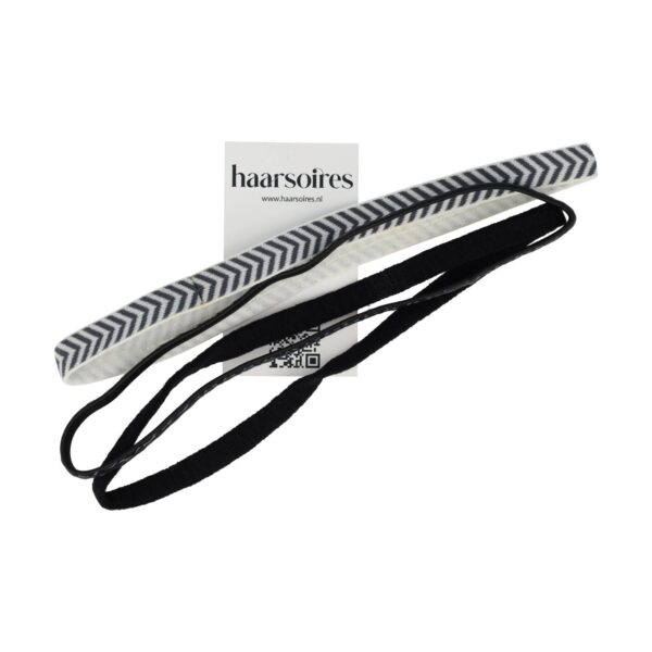 setje haarbanden sport elastiek_5 Haarband Sport 1cm – Elastiek - Anti-slip – Zwart Wit - Set van 3