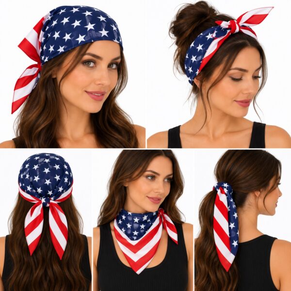 bandana-zakdoek-USA-vlaggenprint-blauw-rood wit-van-haarsoires-op-model Bandana Zakdoek 55x55cm – USA Vlaggenprint – Rood Wit Blauw