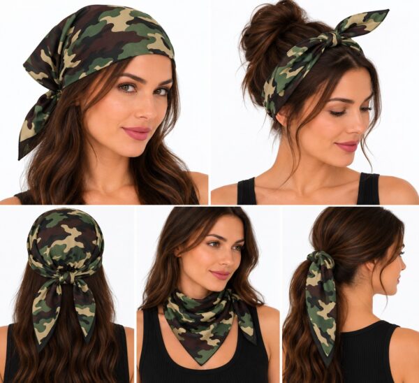 bandana-zakdoek-camouflageprint-groen-van-Haarsoires-op-model Bandana Zakdoek 55x55cm – Camouflageprint – Groen