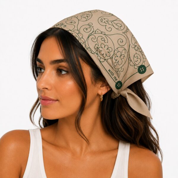 bandana-zakdoek-fantasieprint-beige-groen-model Bandana Zakdoek 55x55cm – Fantasieprint – Beige Groen
