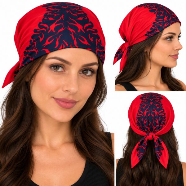 bandana-zakdoek-fantasieprint-rood-blauw-model Bandana Zakdoek 55x55cm – Fantasieprint – Rood Blauw