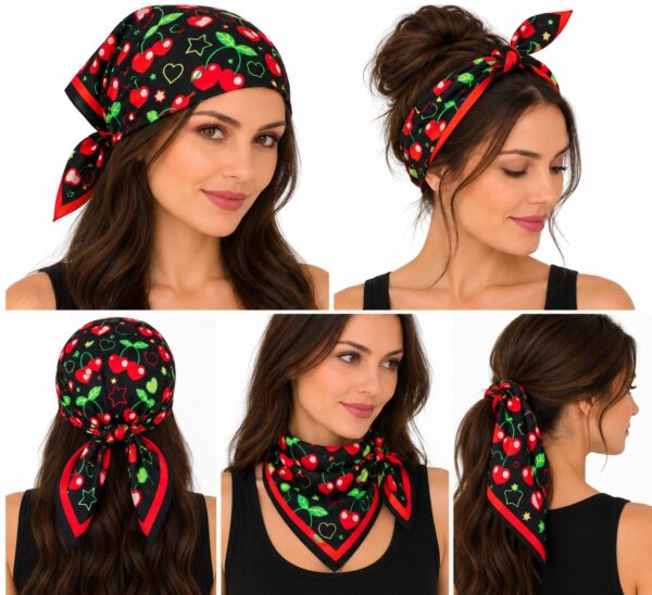 bandana-zakdoek-kersenprint-zwarte-rood-model-haarsoires Bandana Zakdoek 55x55cm – Kersenprint – Zwart Rood