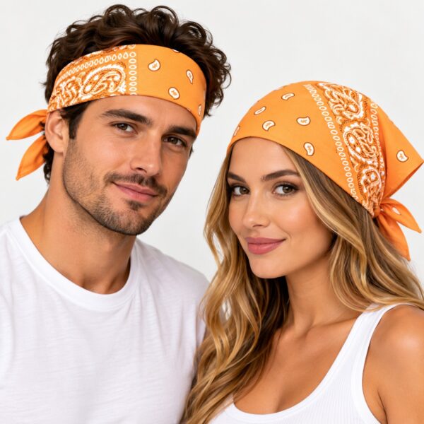 bandana-zakdoek-paisleyprint-lichtoranje-op-model-van-Haarsoires Haarband Bandana Zakdoek 55cm – Paisley Print – Lichtoranje