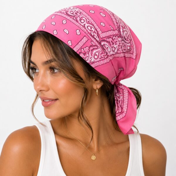 bandana-zakdoek-paisleyprint-roze-model Bandana Zakdoek 55x55cm – Paisleyprint – Lichtroze