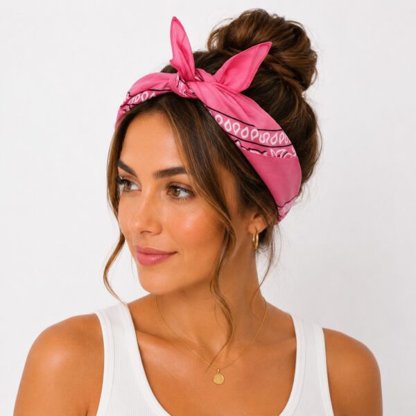 bandana-zakdoek-paisleyprint-roze-model2 Bandana Zakdoek 55x55cm – Paisleyprint – Lichtroze