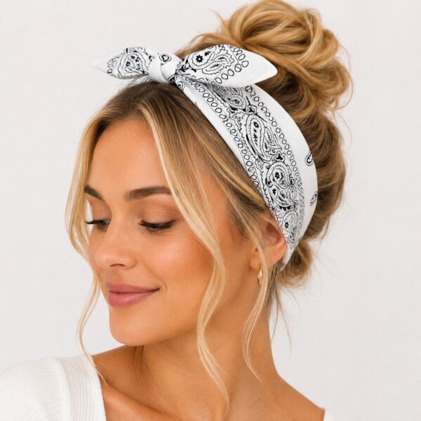 bandana-zakdoek-paisleyprint-wit-model Bandana Zakdoek 55x55cm – Paisleyprint – Wit