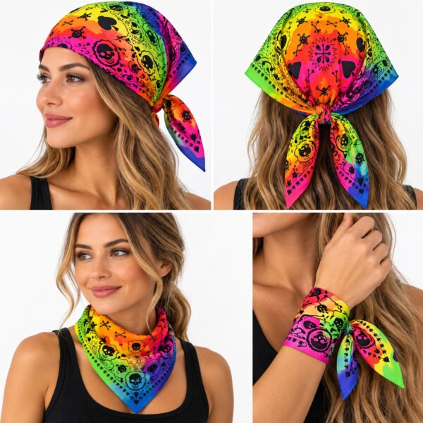 bandana-zakdoek-regnboog-paisleyprint-multicolor-op-model-van-Haarsoires Bandana Zakdoek 55x55cm – Regenboog Paisleyprint – Multicolor