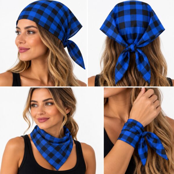bandana-zakdoek-ruitprint-blauw-op-model-van-Haarsoires Bandana Zakdoek 55x55cm – Ruitprint – Blauw Zwart