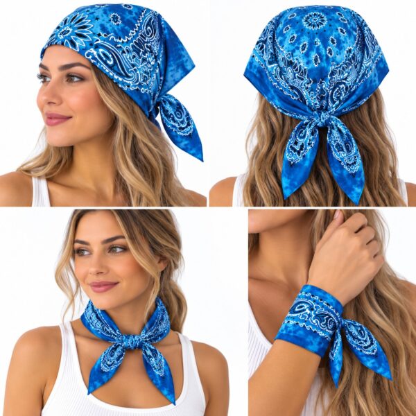 bandana-zakdoek-tie-dye-paisleyprint-blauw-op-model-van-Haarsoires Bandana Zakdoek 55x55cm - Tie-Dye - Paisleyprint - Blauw