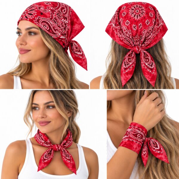 bandana-zakdoek-tie-dye-paisleyprint-rood-op-model-van-Haarsoires Bandana Zakdoek 55x55cm - Tie-Dye - Paisleyprint - Rood