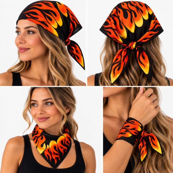 bandana-zakdoek-vlammenprint-zwart-oranje-geel-op-model-van-Haarsoires Bandana Zakdoek 55x55cm - Vlammenprint - Zwart Oranje Geel