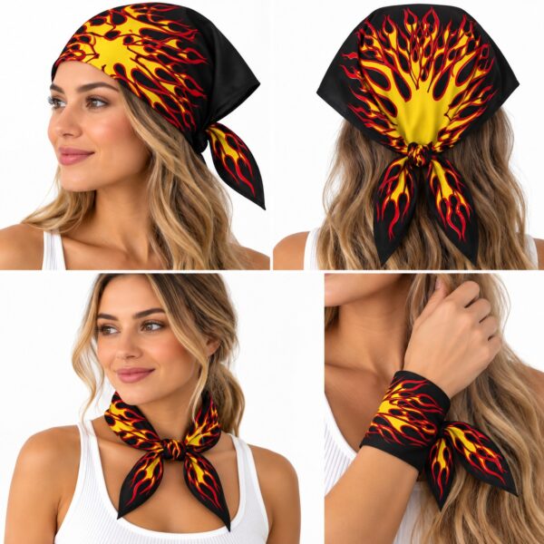 bandana-zakdoek-vlammenprint-zwart-rood-geel-op-model-van-Haarsoires Bandana Zakdoek 55x55cm – Vlammenprint – Zwart Rood Geel