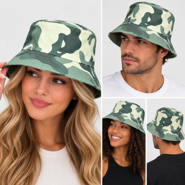 bucket-hat-camouflageprint-groen-op-model-van-Haarsoires Bucket Hat Hoedje - Camouflageprint - Groen