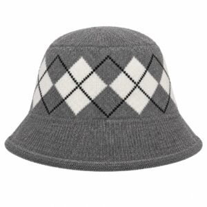 bucket-hat-gebreid-ruitprint-grijs-van-Haarsoires Bucket Hat Hoedje – Ruitprint – Grijs