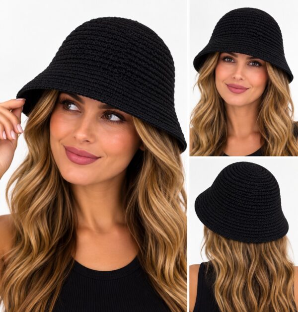 bucket-hat-gebreid-zwart-op-model-van-Haarsoires Bucket Hat Hoedje – Gebreid – Zwart