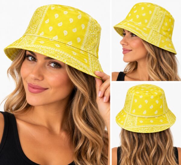 bucket-hat-paisleyprint-geel-op-model-van-Haarsoires Bucket Hat Hoedje – Paisleyprint – Geel