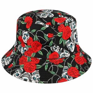 bucket-hat-paisleyprint-rozen-schedelprint-zwart-rood-van-Haarsoires Bucket Hat Hoedje – Rozen Schedelprint – Zwart Rood