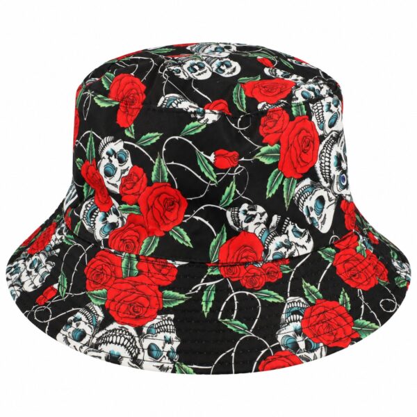 bucket-hat-paisleyprint-rozen-schedelprint-zwart-rood-van-Haarsoires Bucket Hat Hoedje – Rozen Schedelprint – Zwart Rood