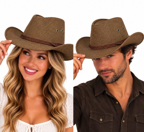 cowboyhoed-linnenlook-bruin-op-model-van-Haarsoires Cowboyhoed - Western Hoed - Linnenlook - Bruin