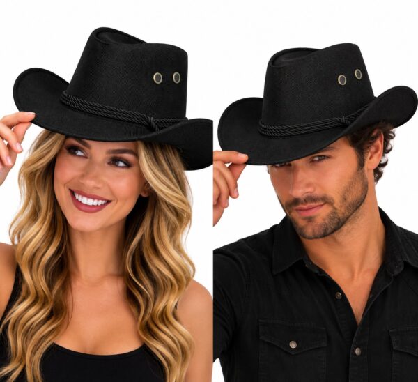 cowboyhoed-linnenlook-zwart-op-model-van-Haarsoires Cowboyhoed - Western Hoed - Linnenlook - Zwart
