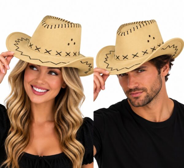 cowboyhoed-met-stiksel-beige-op-model-van-Haarsoires Cowboyhoed - Western Hoed met Stiksel - Beige