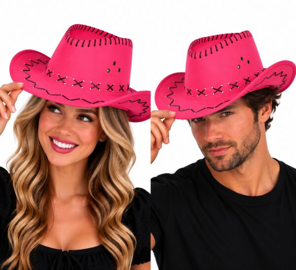 cowboyhoed-met-stiksel-fuchsia-roze-op-model-van-Haarsoires Cowboyhoed - Western Hoed met Stiksel - Fuchsia Roze