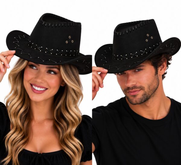 cowboyhoed-met-stiksel-zwart-op-model-van-Haarsoires Cowboyhoed - Western Hoed met Stiksel - Zwart