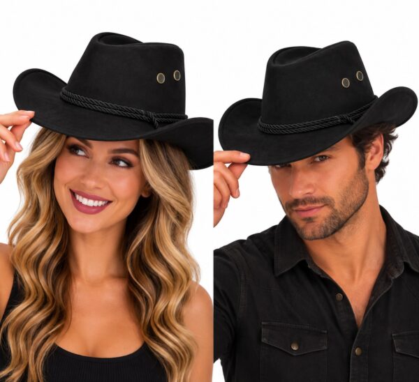 cowboyhoed-suedelook-zwart-op-model-van-Haarsoires Cowboyhoed - Western Hoed - Suèdelook - Zwart