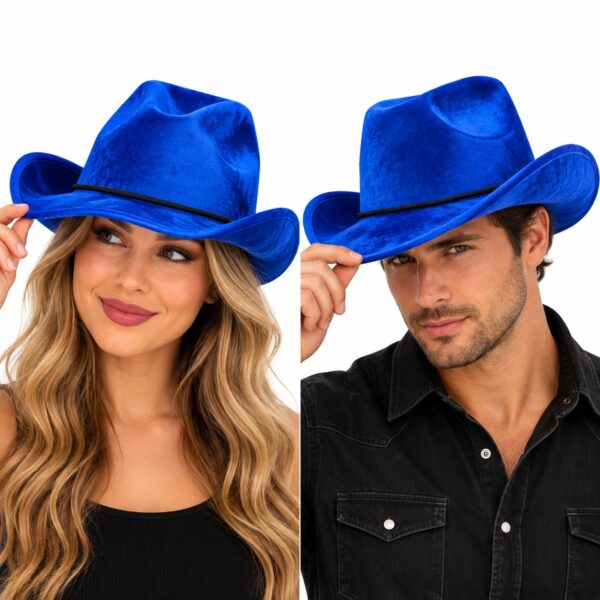 cowboyhoed-velvet-blauw-op-model-van-Haarsoires Cowboyhoed - Western Hoed - Velvet - Blauw