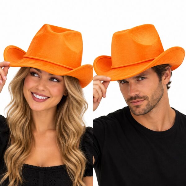 cowboyhoed-velvet-oranje-op-model-van-Haarsoires Cowboyhoed - Western Hoed - Velvet - Oranje