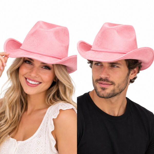 cowboyhoed-velvet-roze-op-model-van-Haarsoires Cowboyhoed - Western Hoed - Velvet - Roze
