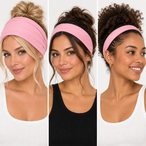 haarband-3-in-1-lichtroze-op-model-van-Haarsoires1 Haarband 3-in-1 - Effen - Roze