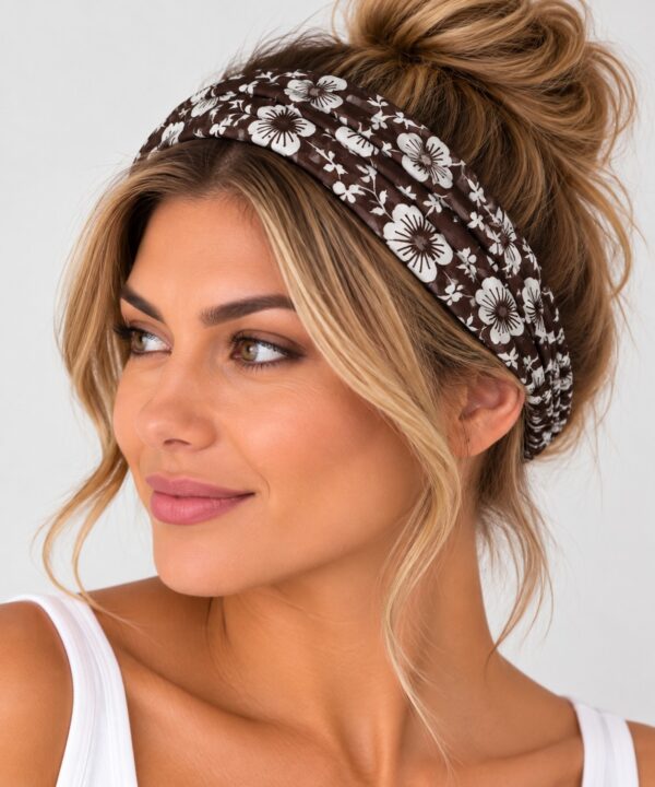 Haarband 3-in-1 - Bloemenprint - Donkerbruin Wit