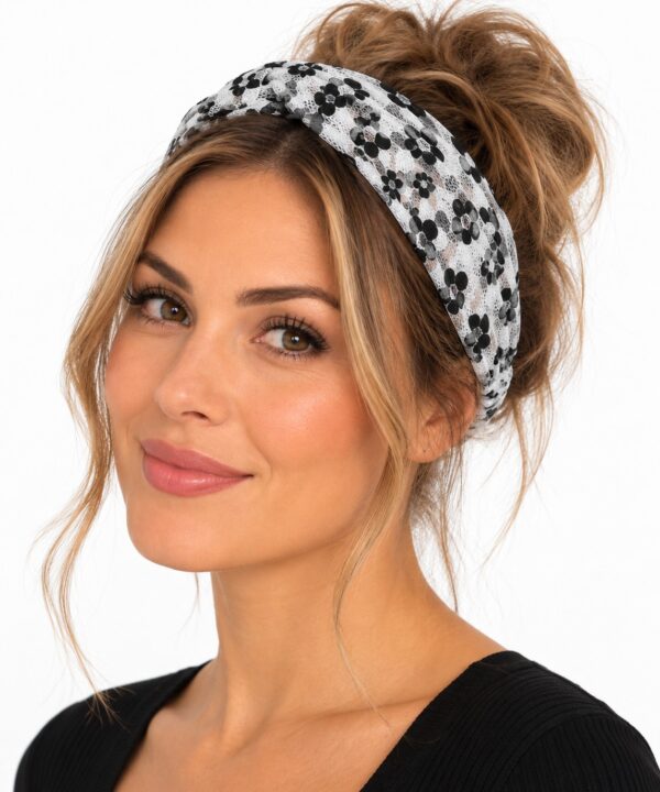 Haarband Bandana - Kanten Stof - Bloemenprint - Zwart Wit