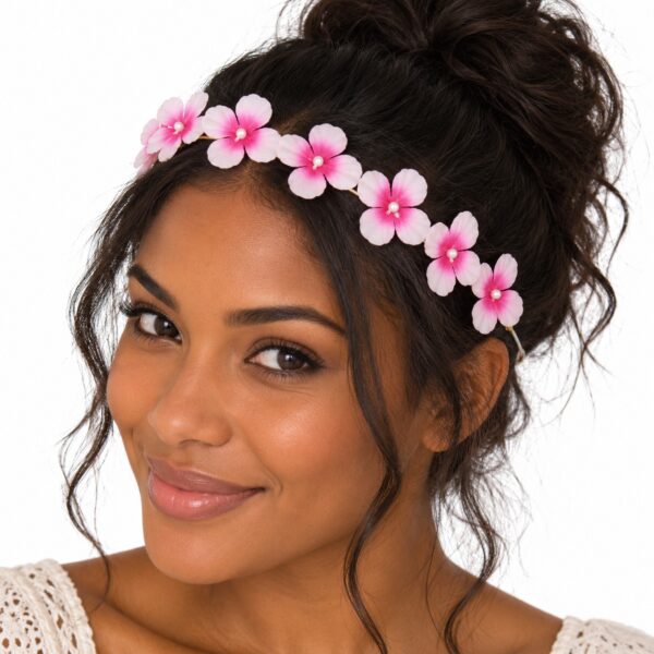 haarband-bloemenkroon-met-elastiek-wit-roze-op-model-van-Haarsoires Haarband Bloemenkroon - Wit Roze