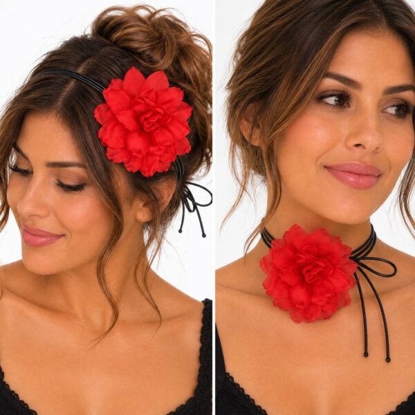 haarband-gekrulde-bloem-veter-rood-op-model-van-Haarsoires Haarband met Gekrulde Bloem - Veter Striklint - Rood