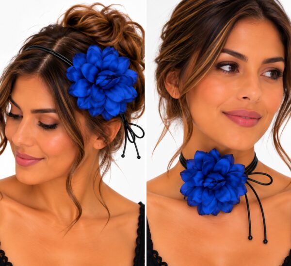 haarband-gekrulde-bloem-veter-striklint-blauw-op-model-van-Haarsoires Haarband met Gekrulde Bloem - Veter Striklint - Blauw