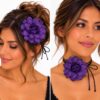 haarband-gekrulde-bloem-veter-striklint-paars-op-model-van-Haarsoires Haarband met Gekrulde Bloem - Veter Striklint - Paars