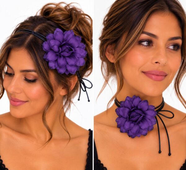 haarband-gekrulde-bloem-veter-striklint-paars-op-model-van-Haarsoires Haarband met Gekrulde Bloem - Veter Striklint - Paars
