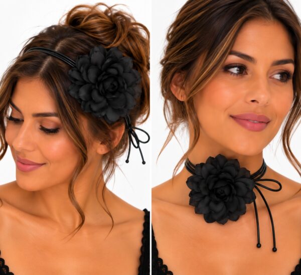 haarband-gekrulde-bloem-veter-striklint-zwart-op-model-van-Haarsoires Haarband met Gekrulde Bloem - Veter Striklint - Zwart
