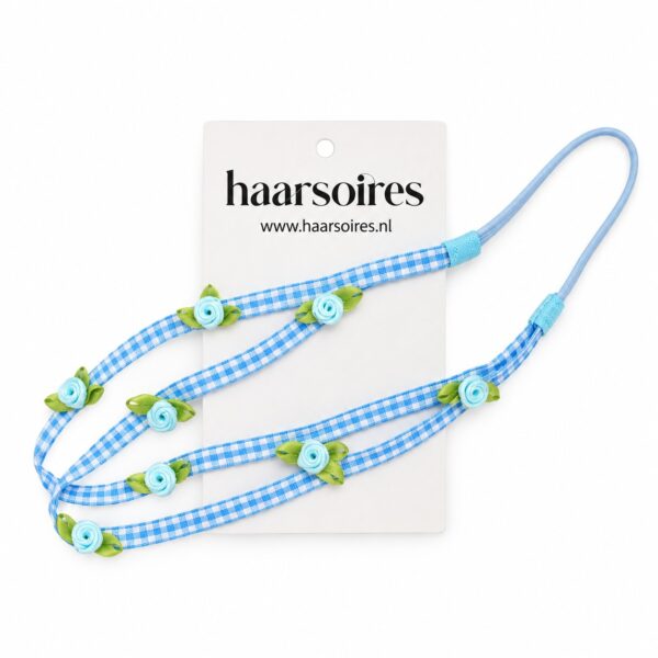 haarband-met-roosjes-ruitprint-blauw-op-displaykaart-van-haarsoires Haarband Kind met Roosjes - Ruitprint - Blauw