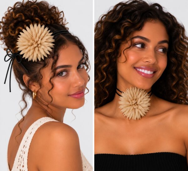 haarband-puntige-bloem-veter-beige-op-model-van-Haarsoires Haarband met Puntige Bloem - Veter Striklint - Beige