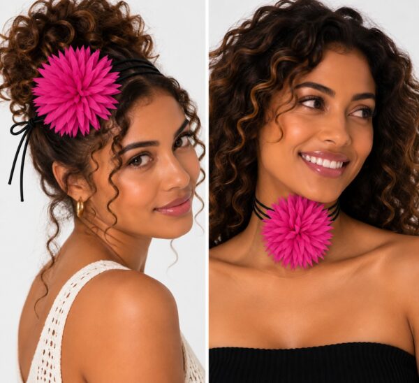 Haarband met Puntige Bloem - Veter Striklint - Fuchsia roze