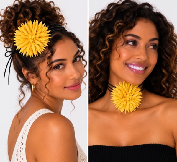 haarband-puntige-bloem-veter-geel-op-model-van-Haarsoires Haarband met Puntige Bloem - Veter Striklint - Geel